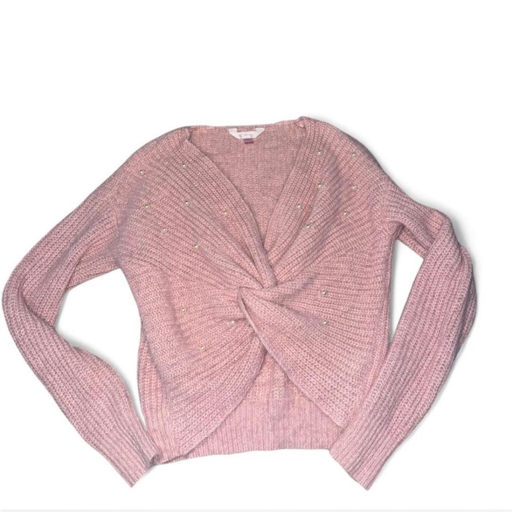 No Boundaries Pink Twist-Knot V-Neck Sweater with Bead Accents